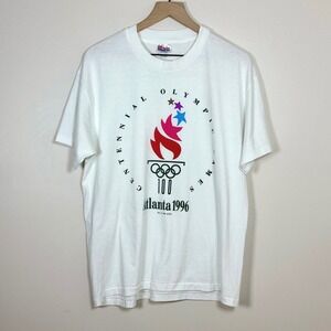 Vintage Hanes Mens Atlanta 1996 Olympic Games T-Shirt L White Centennial Torch